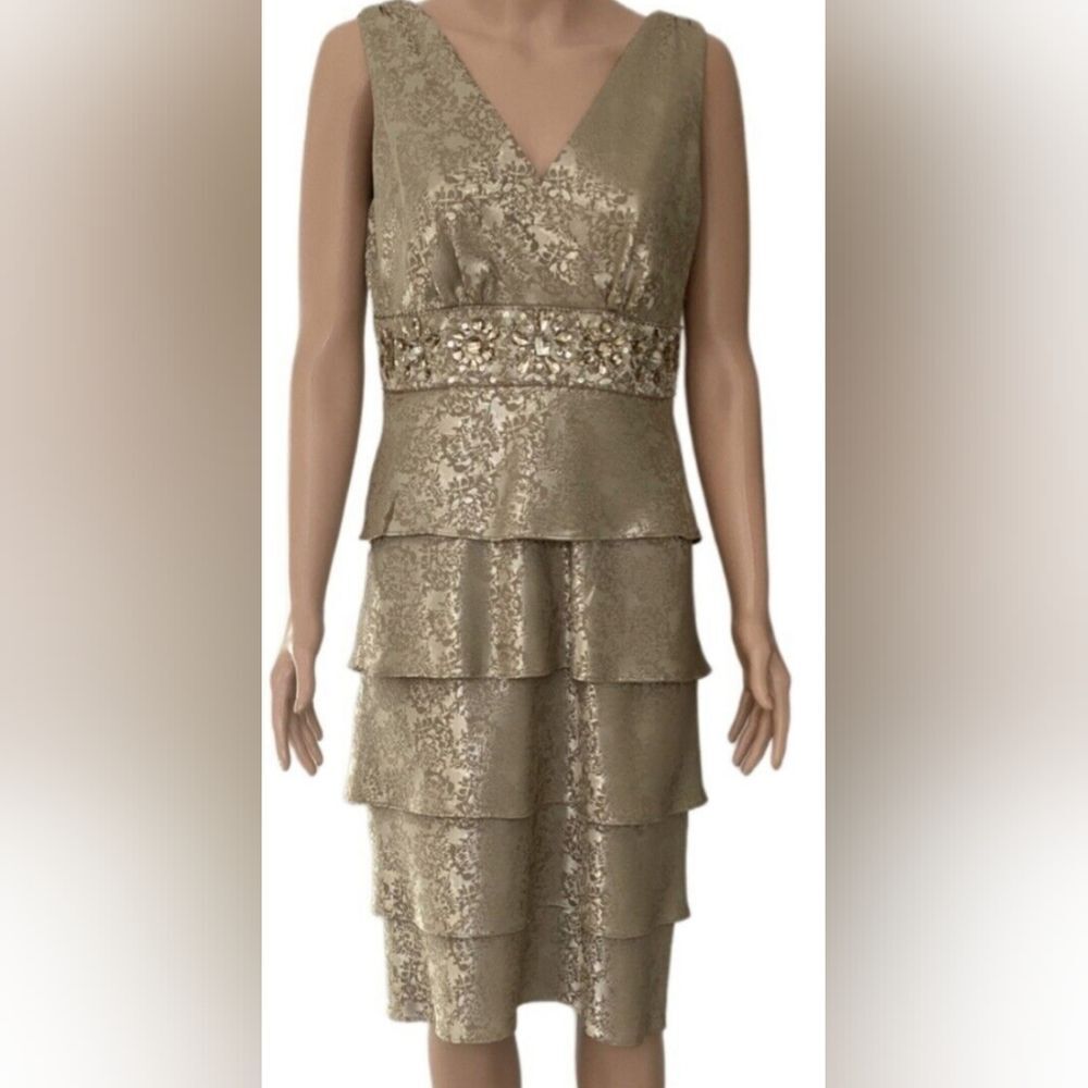 R&M Richards Sage Green Layered Lined Sleeveless Zip Up Back midi dress sz 10